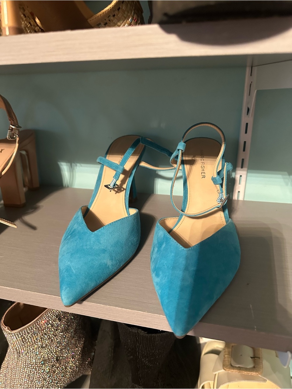 Marc Fisher Aqua Suede Pointed Mule Heels - Picture 3 of 4
